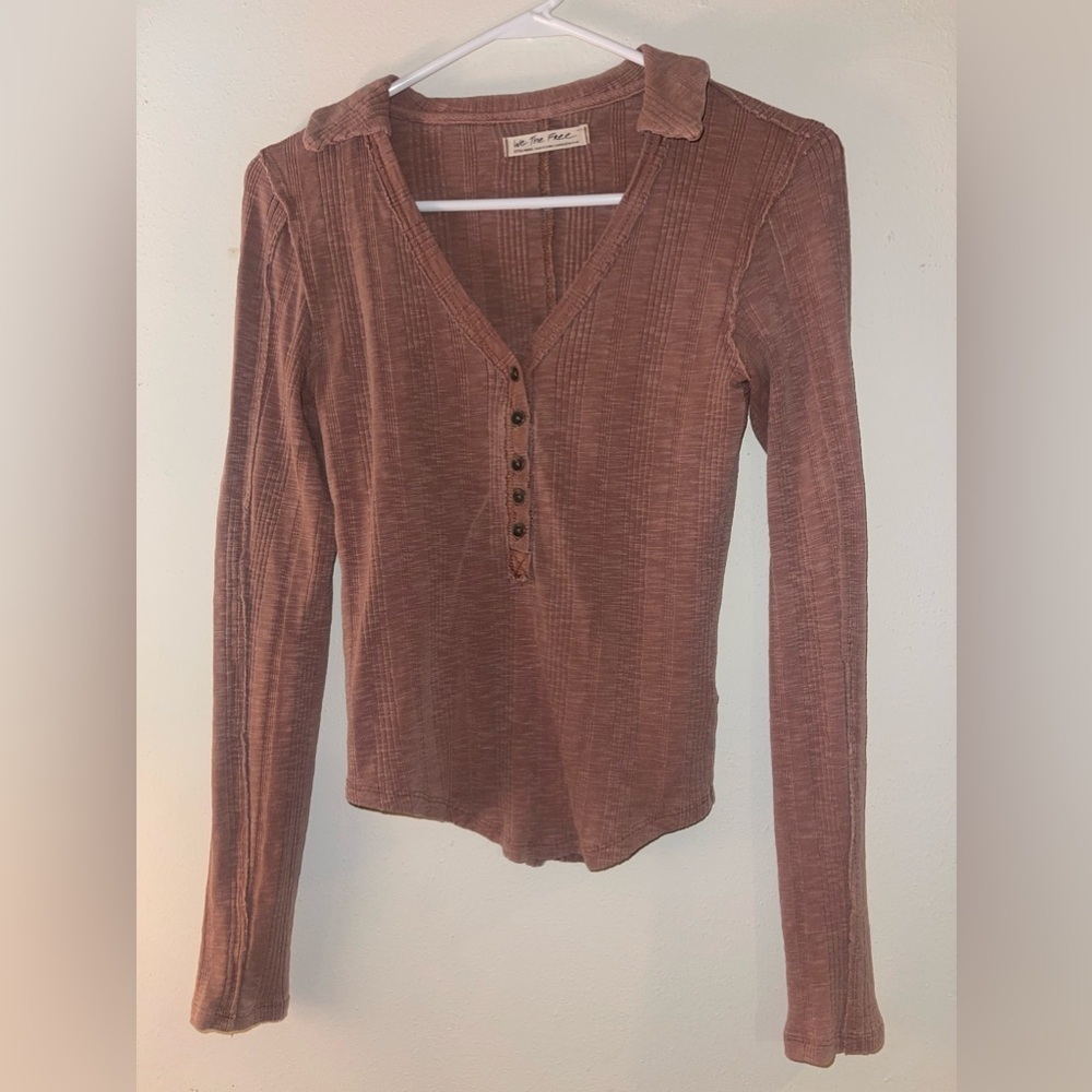 Like New Free People Ribbed Collared Button Up Long Sleeve Top